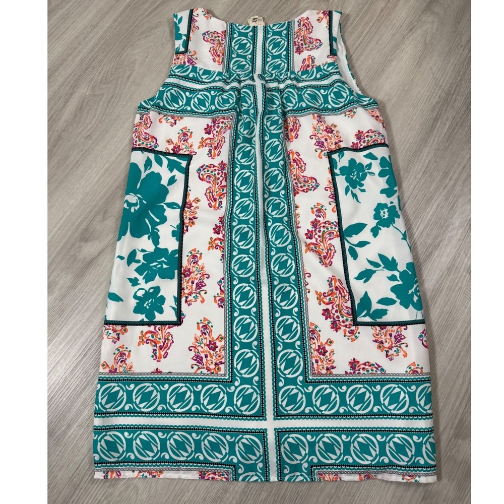 Pink Owl Sleeveless Mixed Print Shift Dress Teal Floral Paisley ID16408GUL - Picture 3 of 8